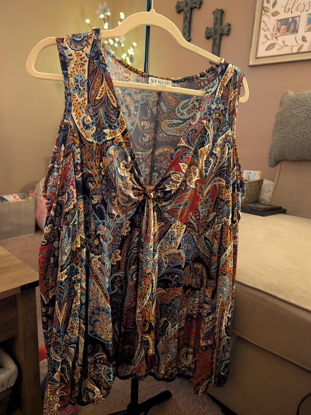 Venus Paisley Cold Shoulder Tunic Blue & Red XL Like New